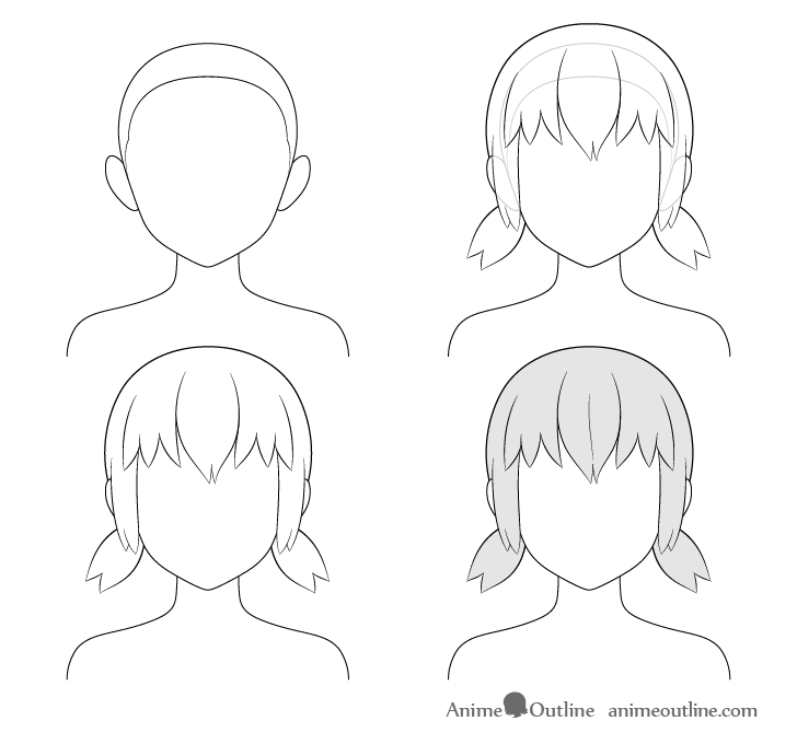 Anime short low pigtails hair step by step drawing