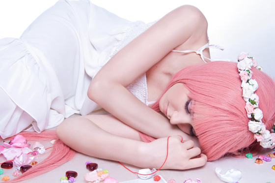 cosplay of Megurine Luka the Vocaloid lying down