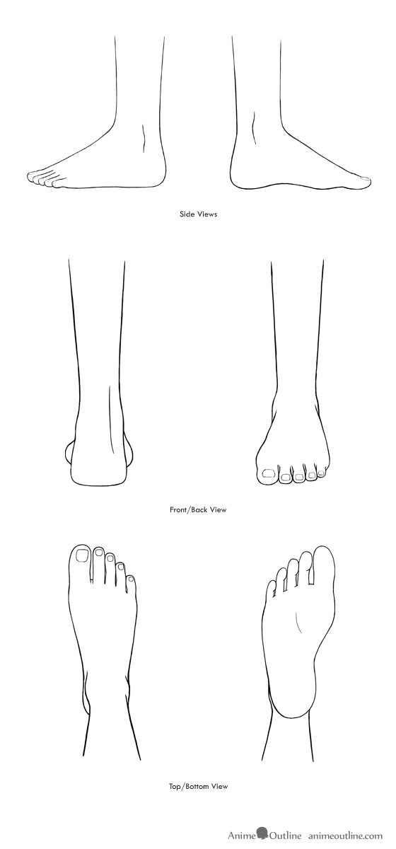 Anime feet drawings in different views