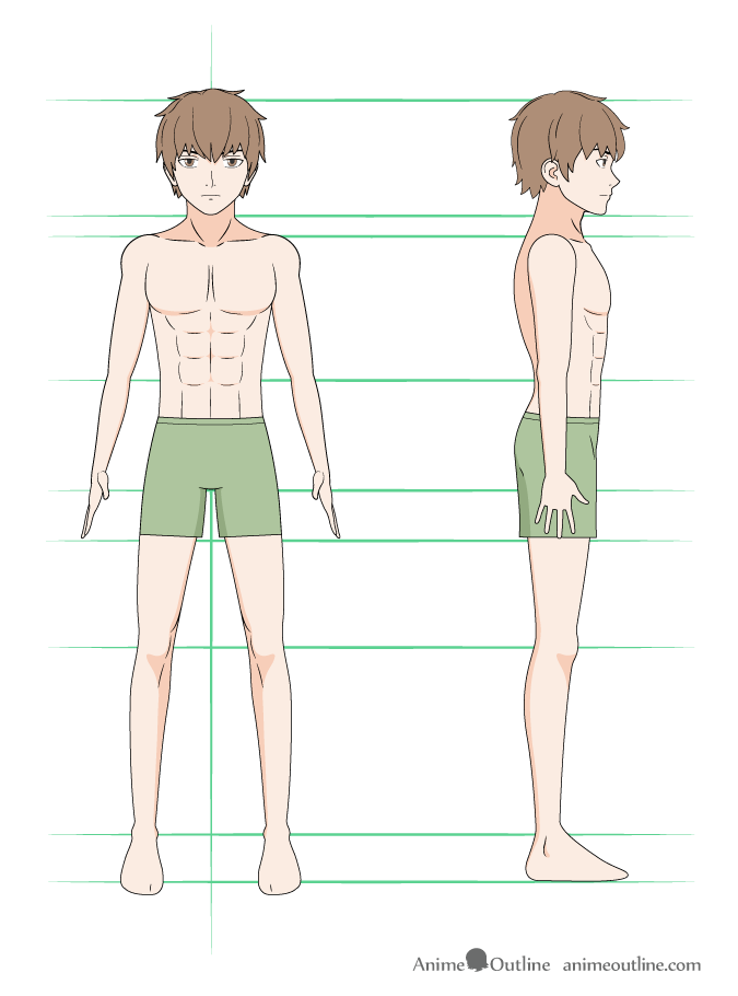 How To Draw Anime Male Body Step By Step Tutorial Animeoutline Draw basic lines denoting the proportions of the figure. how to draw anime male body step by