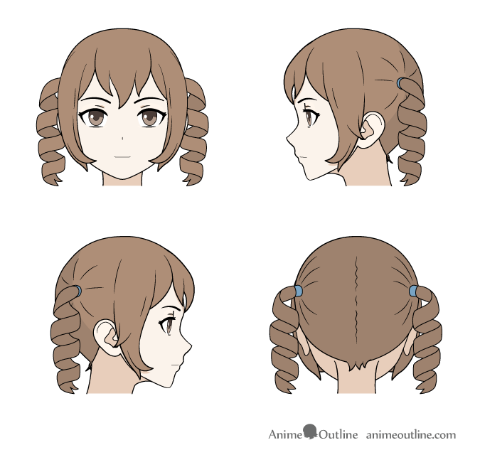 Drawing curly anime hair front, back and side views