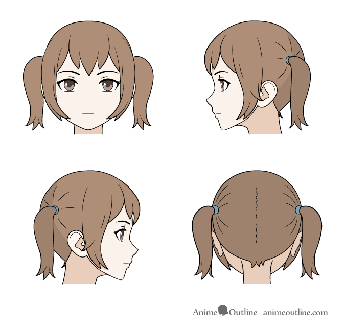 Drawing anime pigtails front, back and side views