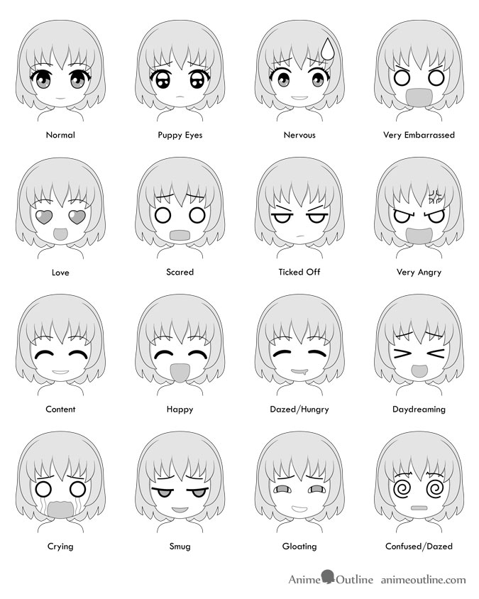 16 chibi anime facial expressions emotions chart