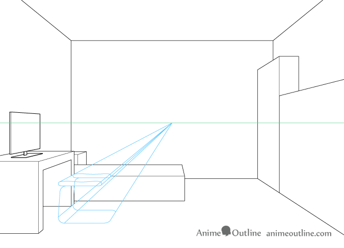 One point perspective drawing computer chair base and seat