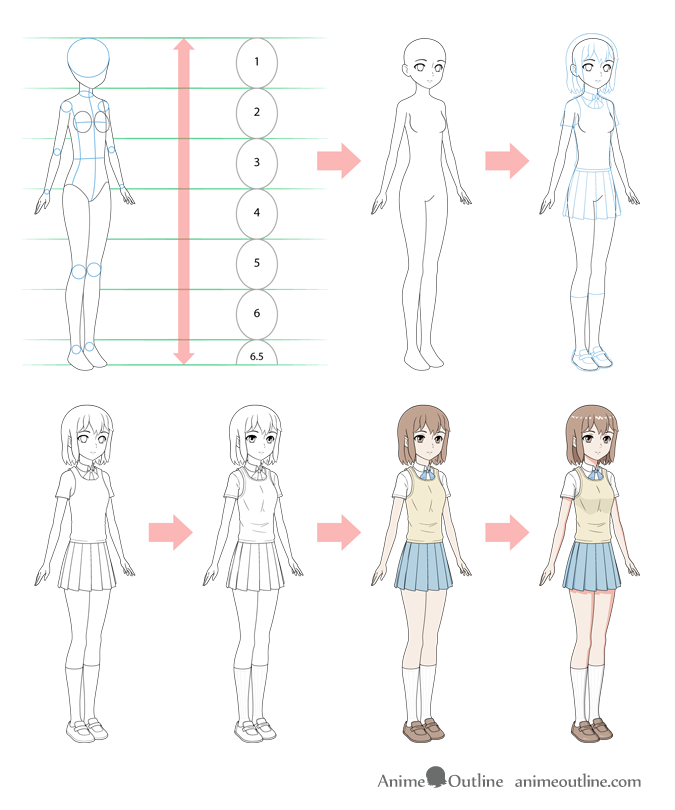 Anime school girl step by step drawing