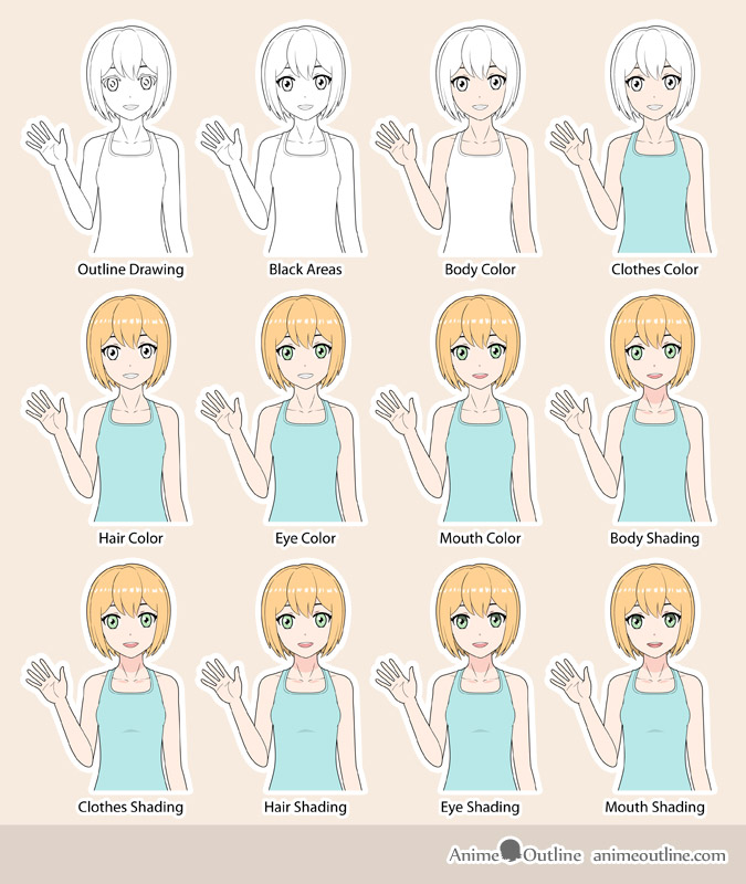 Anime girl coloring step by step