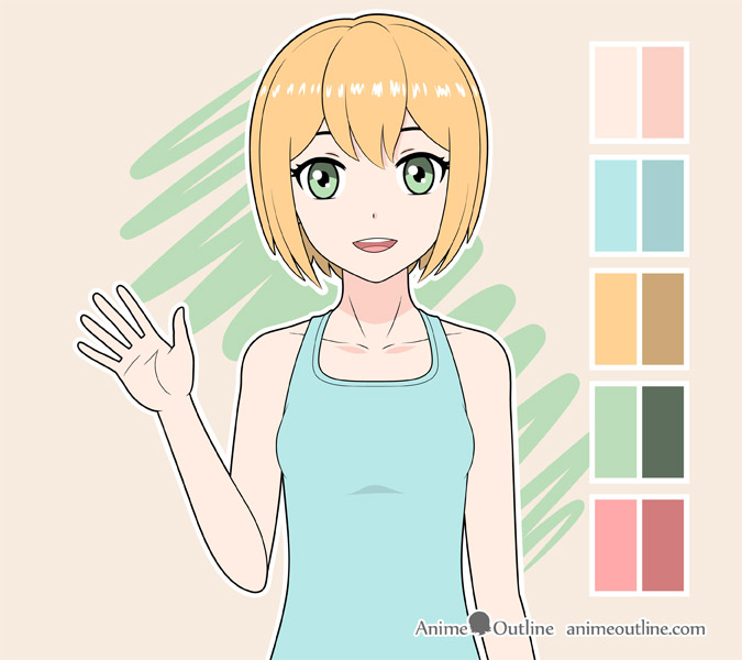 Anime girl waving color drawing