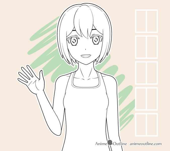 Anime girl waving outline drawing