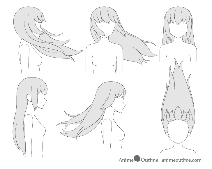 Anime hair blowing in different directions drawing