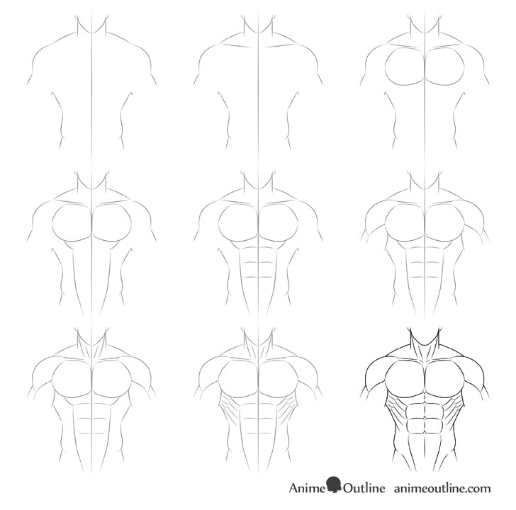 Anime muscular male body drawing step by step