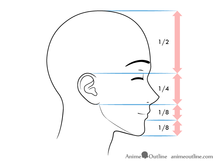 Anime male face proportions side view content expression