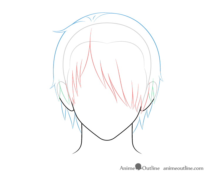 Anime male hair over one eye back and top drawing