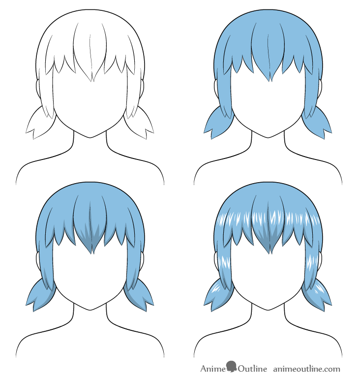 Shading anime short pigtails hair step by step