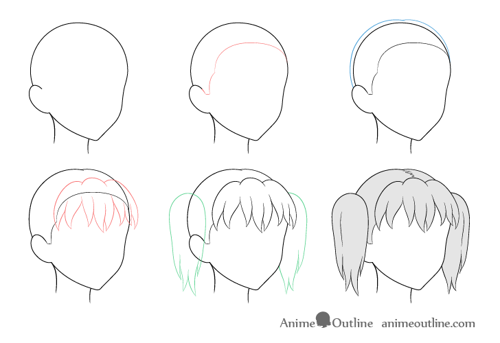 Anime pigtails hair 3/4 view drawing step by step