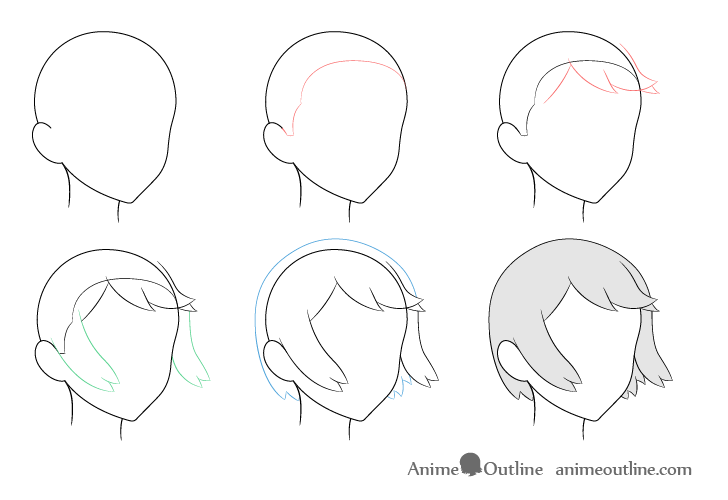 Anime hair blowing in wind 3/4 view drawing step by step