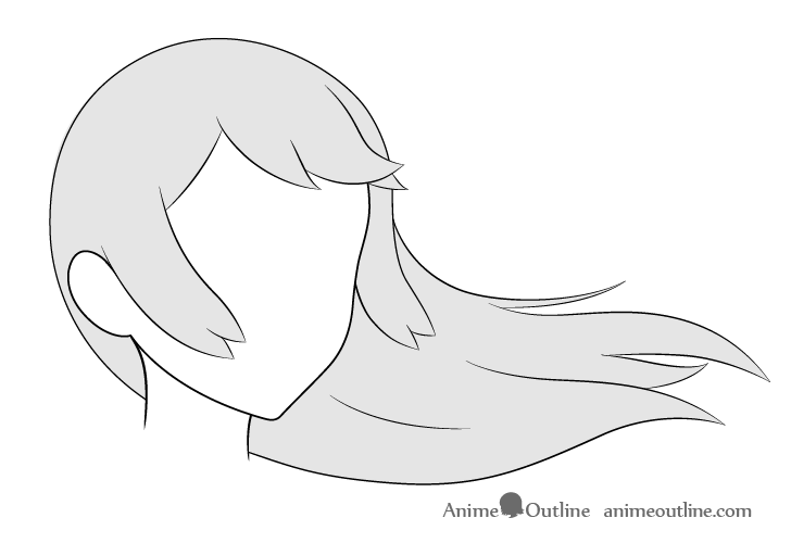 Anime long hair blowing in wind 3/4 view drawing