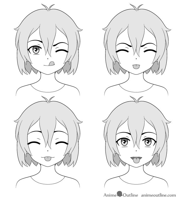 Anime girl sticking out tongue different expressions drawing. 