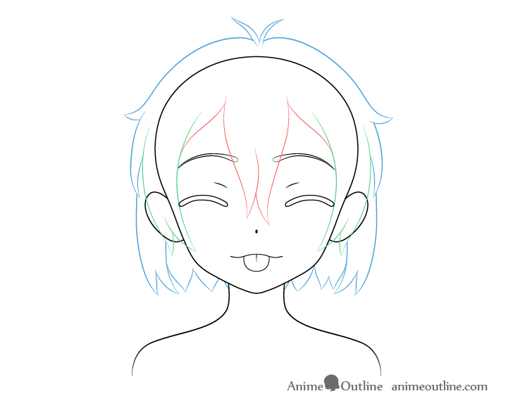 Anime girl tongue out teasing face hair drawing