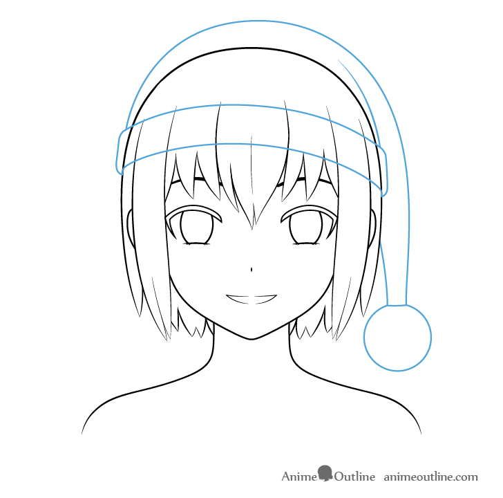 Anime Christmas girl Santa hat outline drawing