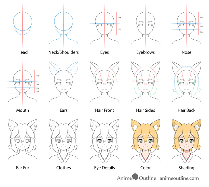 Anime fox girl drawing step by step