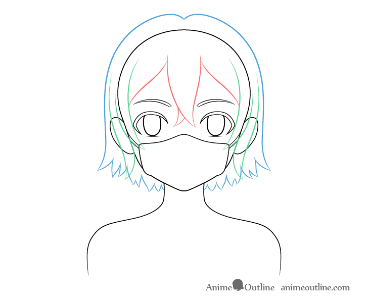 Anime girl in mask hair back drawing