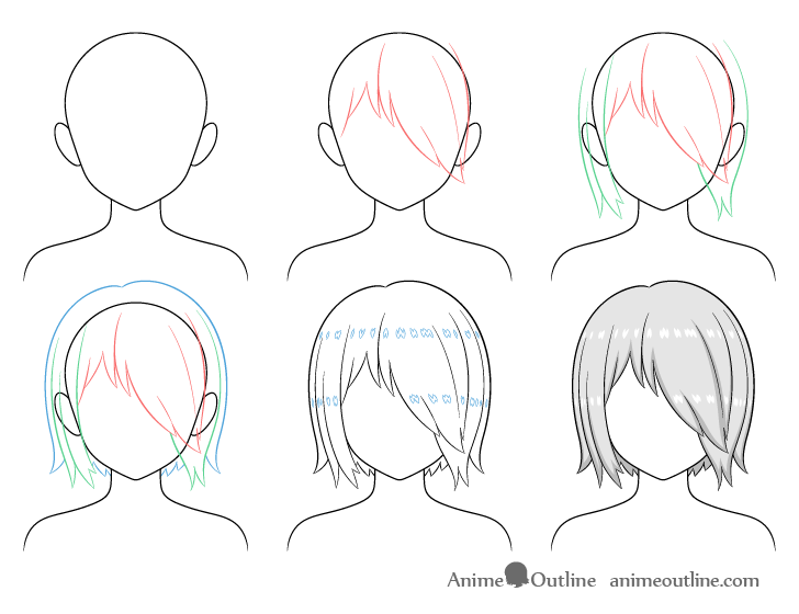 Anime hair over one eye drawing step by step