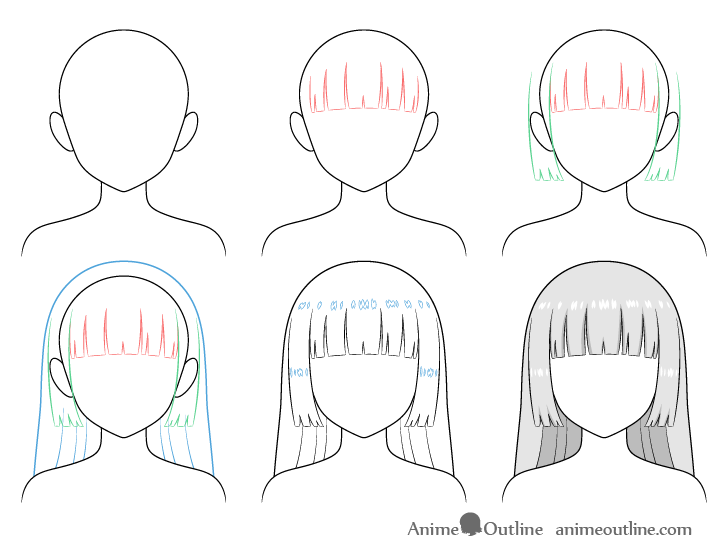 Anime hime cut hair drawing step by step