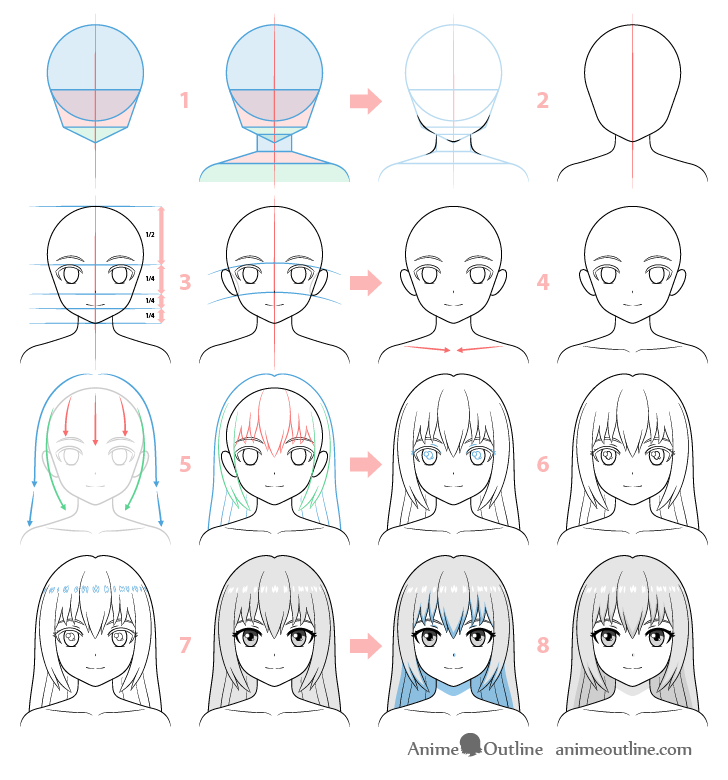 Structuring and drawing an anime face step by step