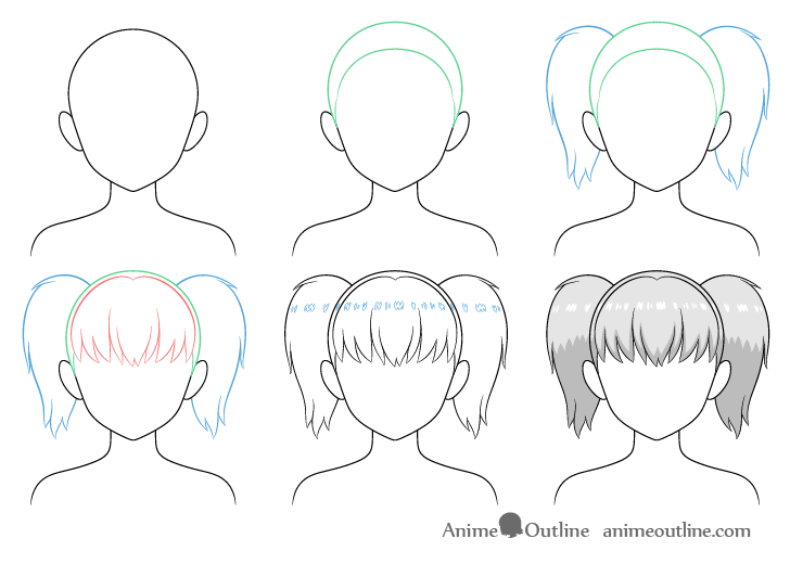 Anime pigtails hair drawing step by step