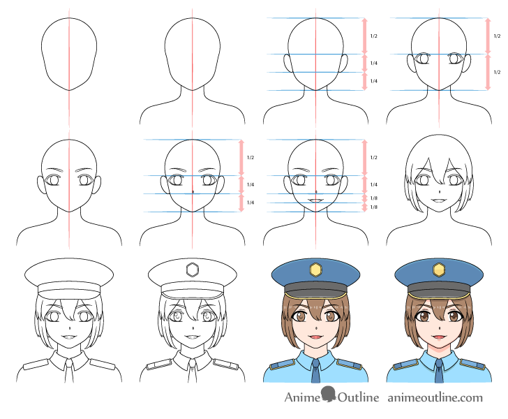 Anime police girl drawing step by step