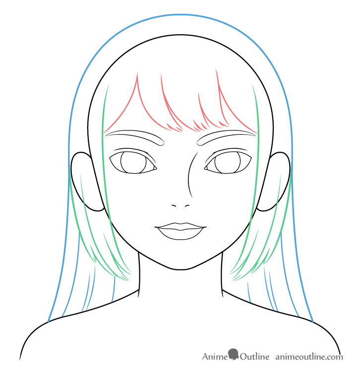 Girl with big eyes hair outline drawing