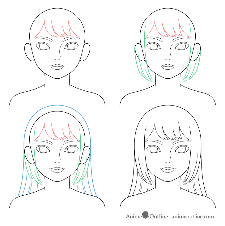 Long female hair drawing step by step
